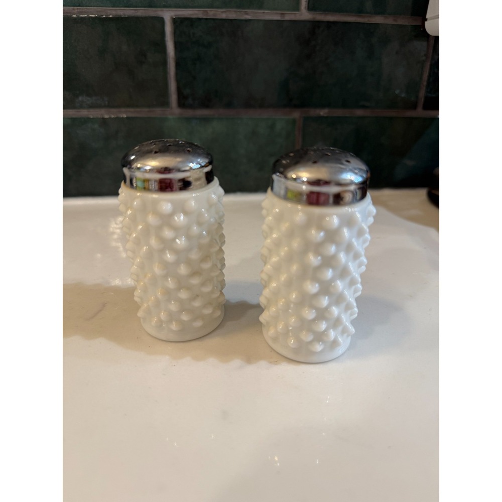 Vintage Fenton Hobnail Salt & Pepper Shakers, White Milk Glass, Silver Metal Lid